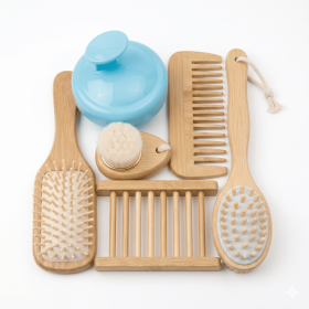 Bath Essentials 6-Piece Eco-Friendly Bamboo Spa Gift Set - Includes Facial & Body Massage Brush, Detangling Hairbrush, Comb
