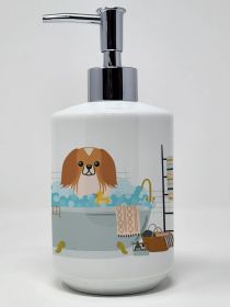 Red White Pekingese in Bathtub Ceramic Soap Dispenser Hand Soap Dispenser Pump Bottles for Bathroom Kitchen, Empty Refillable Liquid Soap Contain