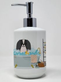 Black White Pekingese in Bathtub Ceramic Soap Dispenser Hand Soap Dispenser Pump Bottles for Bathroom Kitchen, Empty Refillable Liquid Soap Conta